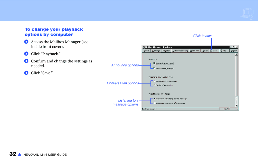 NEC IM-16 manual To change your playback options by computer 