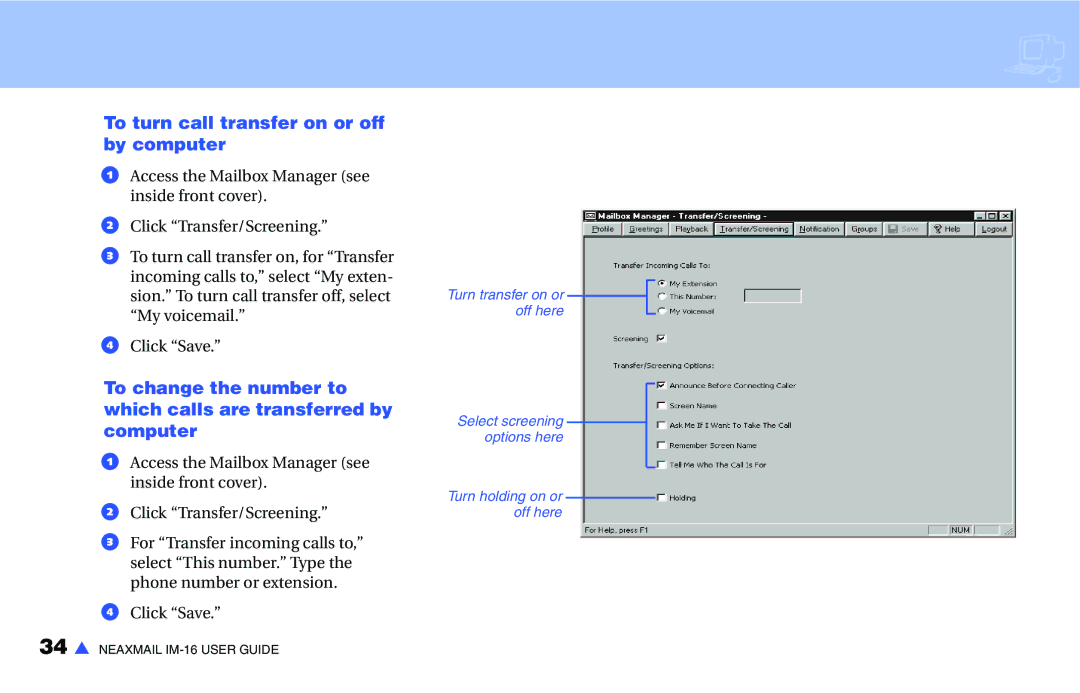 NEC IM-16 manual To turn call transfer on or off by computer 