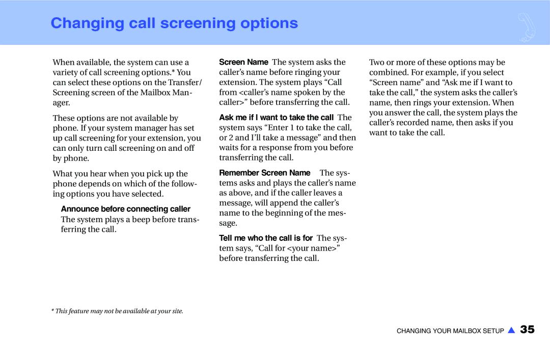 NEC IM-16 manual Changing call screening options, Announce before connecting caller 