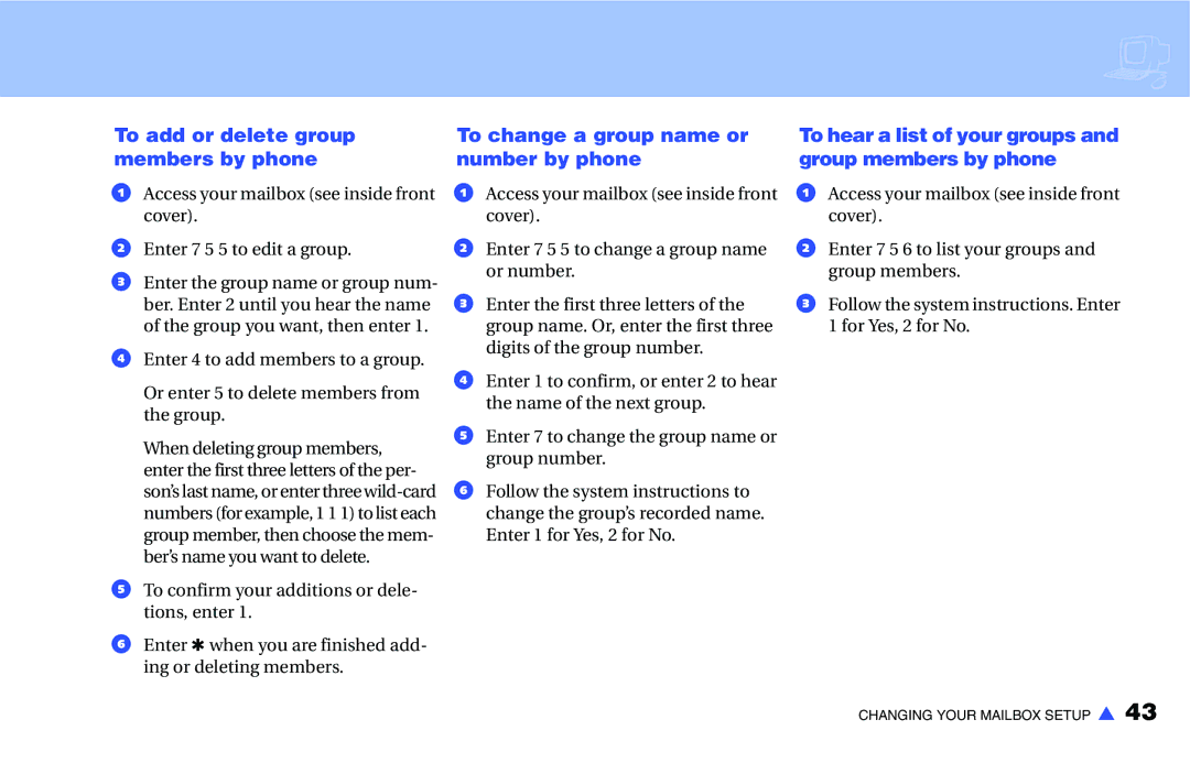 NEC IM-16 manual To add or delete group members by phone, To change a group name or number by phone 