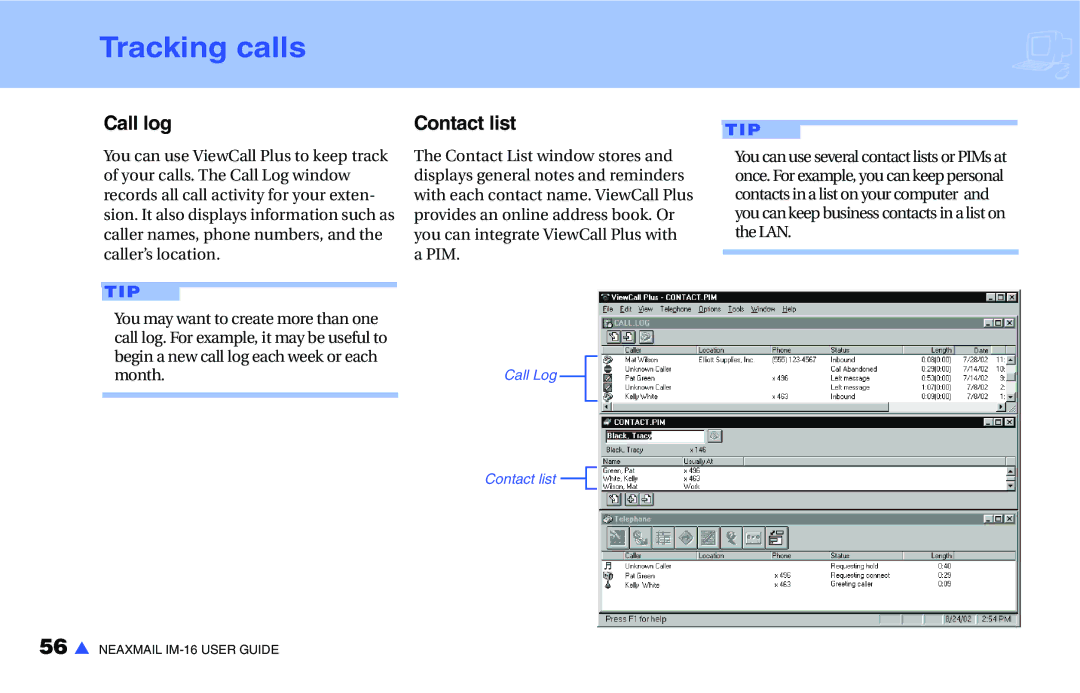 NEC IM-16 manual Tracking calls, Call log 