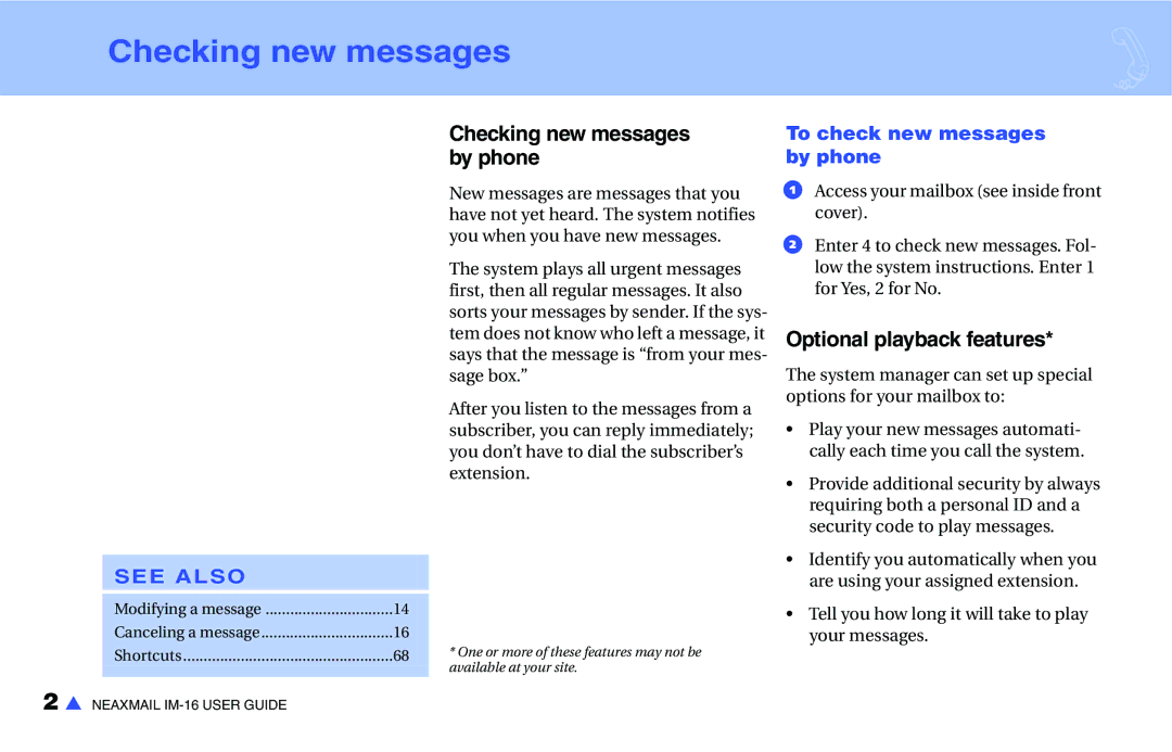 NEC IM-16 manual Checking new messages by phone, Optional playback features, To check new messages by phone 