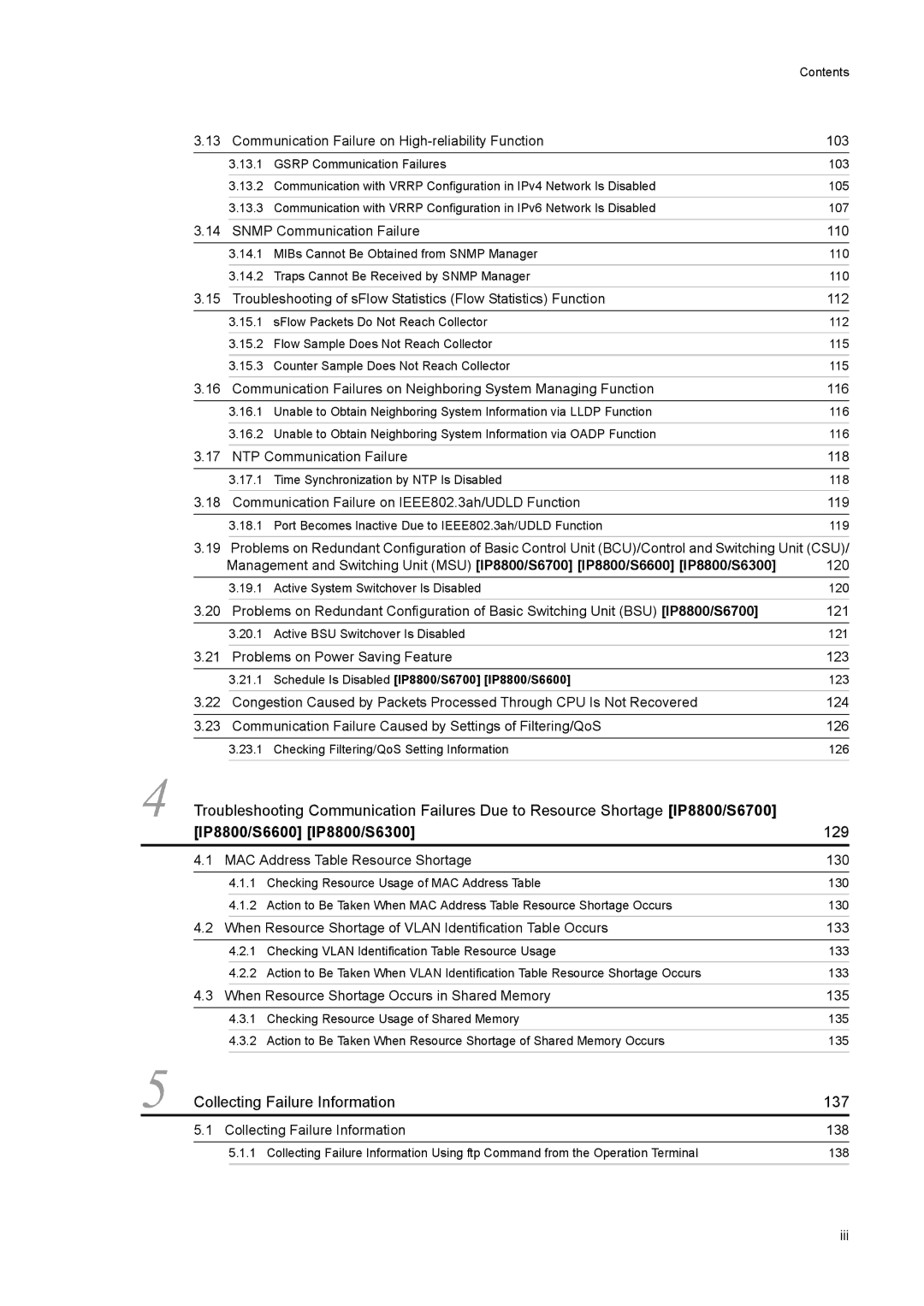 NEC IP8800/S6700 manual Communication Failure on High-reliability Function 103, Snmp Communication Failure 110, 120, Iii 