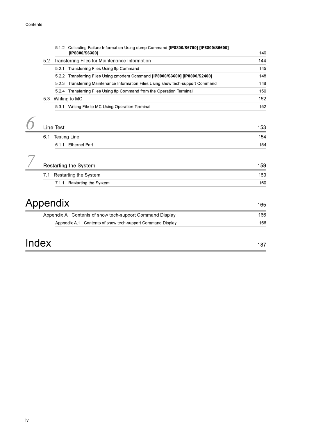 NEC IP8800/S6300, IP8800/S6600 Transferring Files for Maintenance Information 144, Writing to MC 152, Testing Line 154 