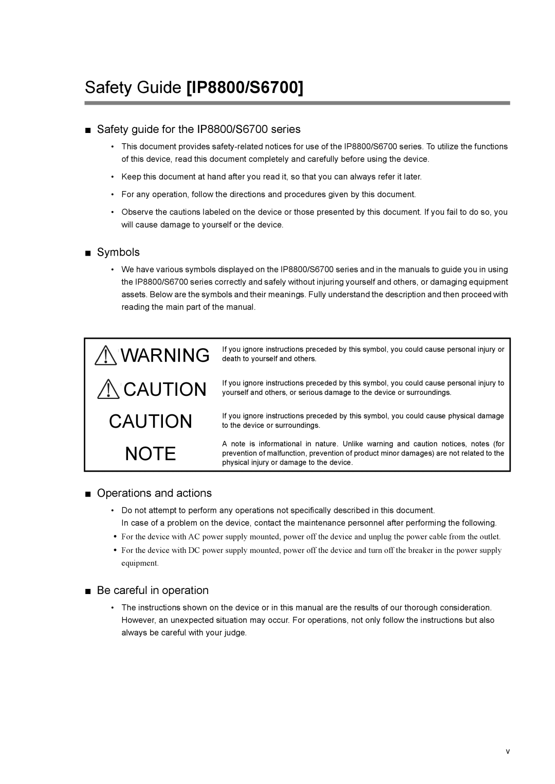 NEC IP8800/S6600 manual Safety guide for the IP8800/S6700 series, Symbols, Operations and actions, Be careful in operation 