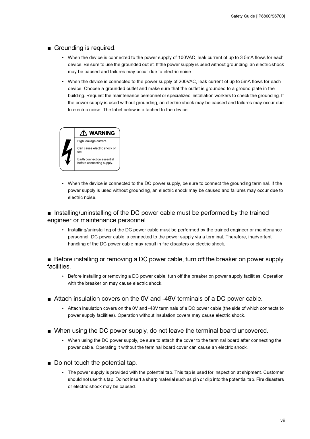 NEC IP8800/S2400, IP8800/S6600, IP8800/S3600, IP8800/S6700 manual Grounding is required, Do not touch the potential tap 