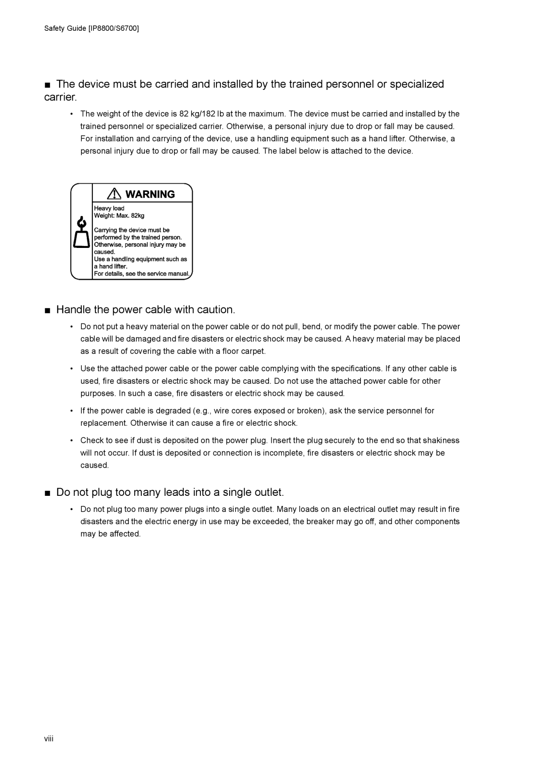 NEC IP8800/S6700, IP8800/S6600 manual Handle the power cable with caution, Do not plug too many leads into a single outlet 