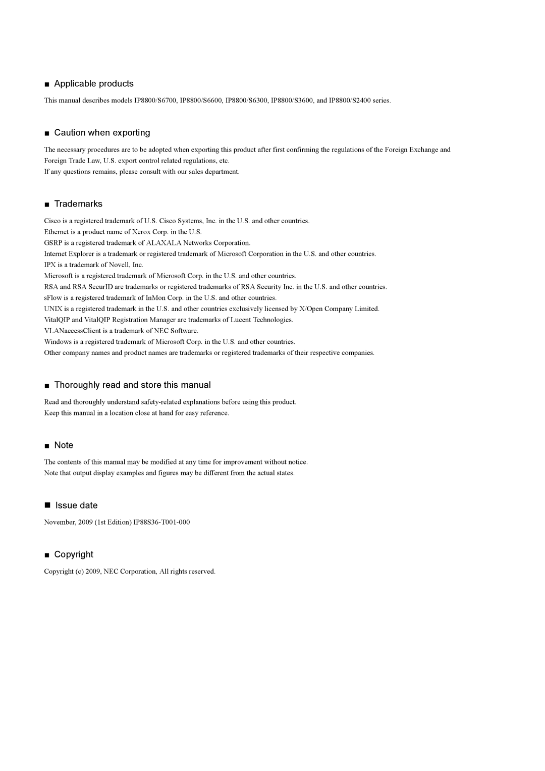 NEC IP8800/S2400 manual November, 2009 1st Edition IP88S36-T001-000, Copyright c 2009, NEC Corporation, All rights reserved 