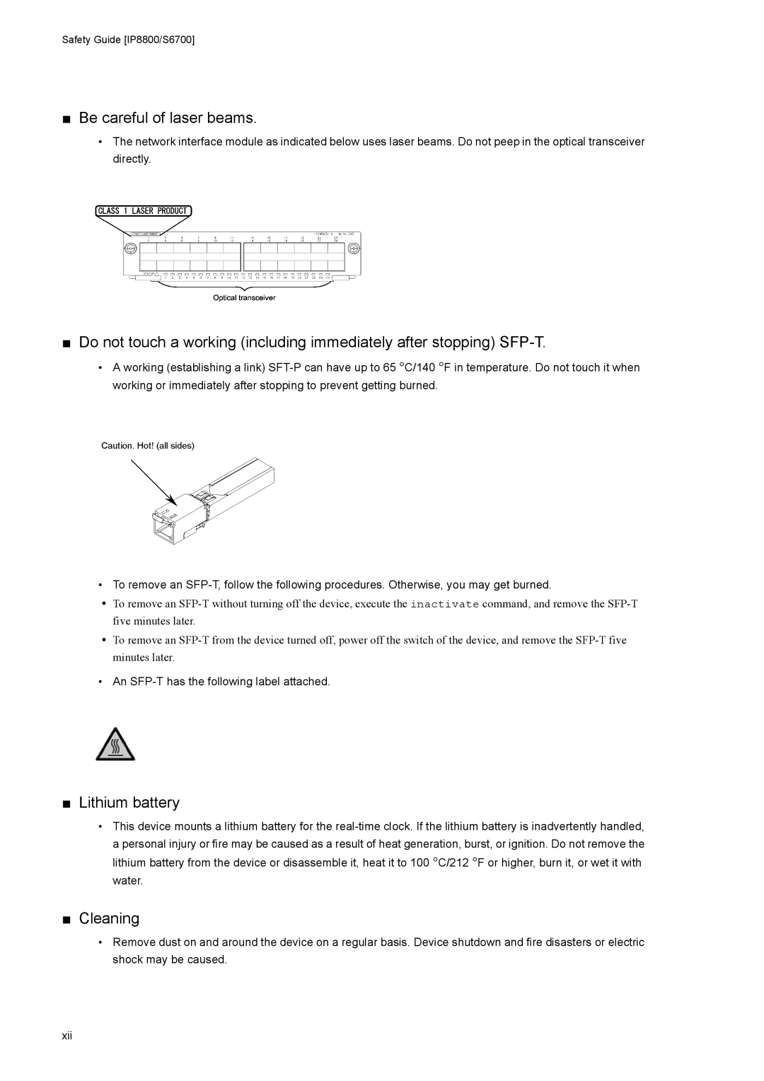 NEC IP8800/S2400 manual Be careful of laser beams, Lithium battery, Cleaning, An SFP-T has the following label attached 