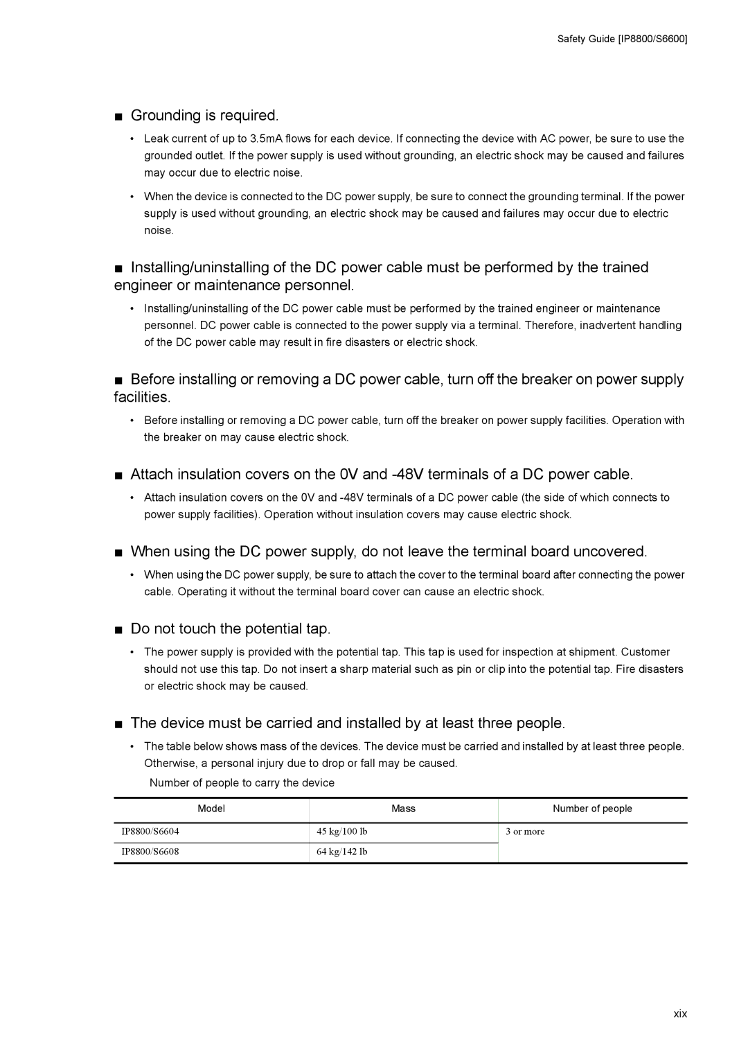NEC IP8800/S6300 manual Xix, Model Mass Number of people, IP8800/S6604 45 kg/100 lb Or more IP8800/S6608 64 kg/142 lb 