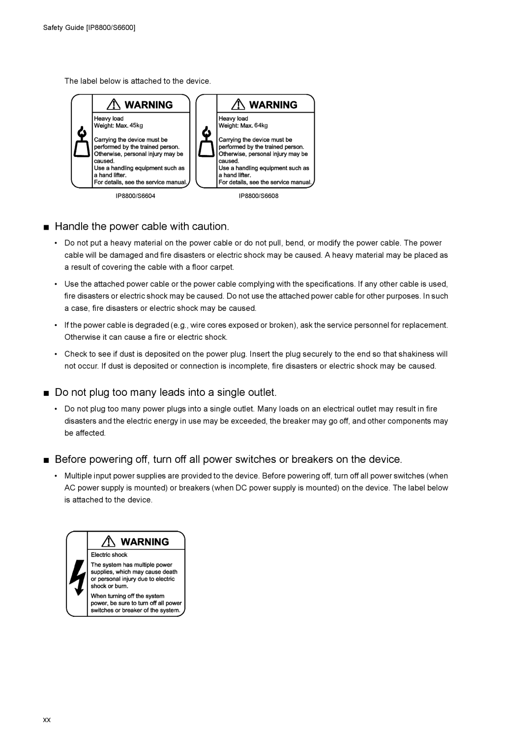 NEC IP8800/S6600, IP8800/S3600, IP8800/S2400 Handle the power cable with caution, Label below is attached to the device 