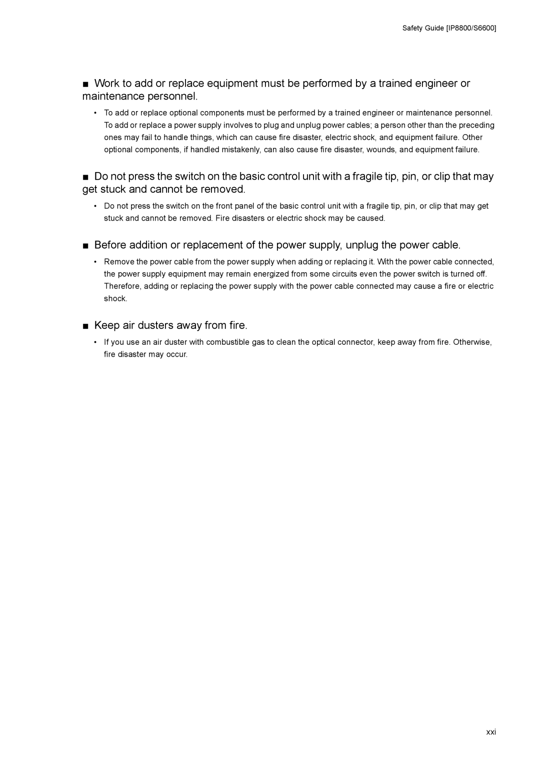 NEC IP8800/S3600, IP8800/S6600, IP8800/S2400, IP8800/S6700, IP8800/S6300 manual Keep air dusters away from fire 