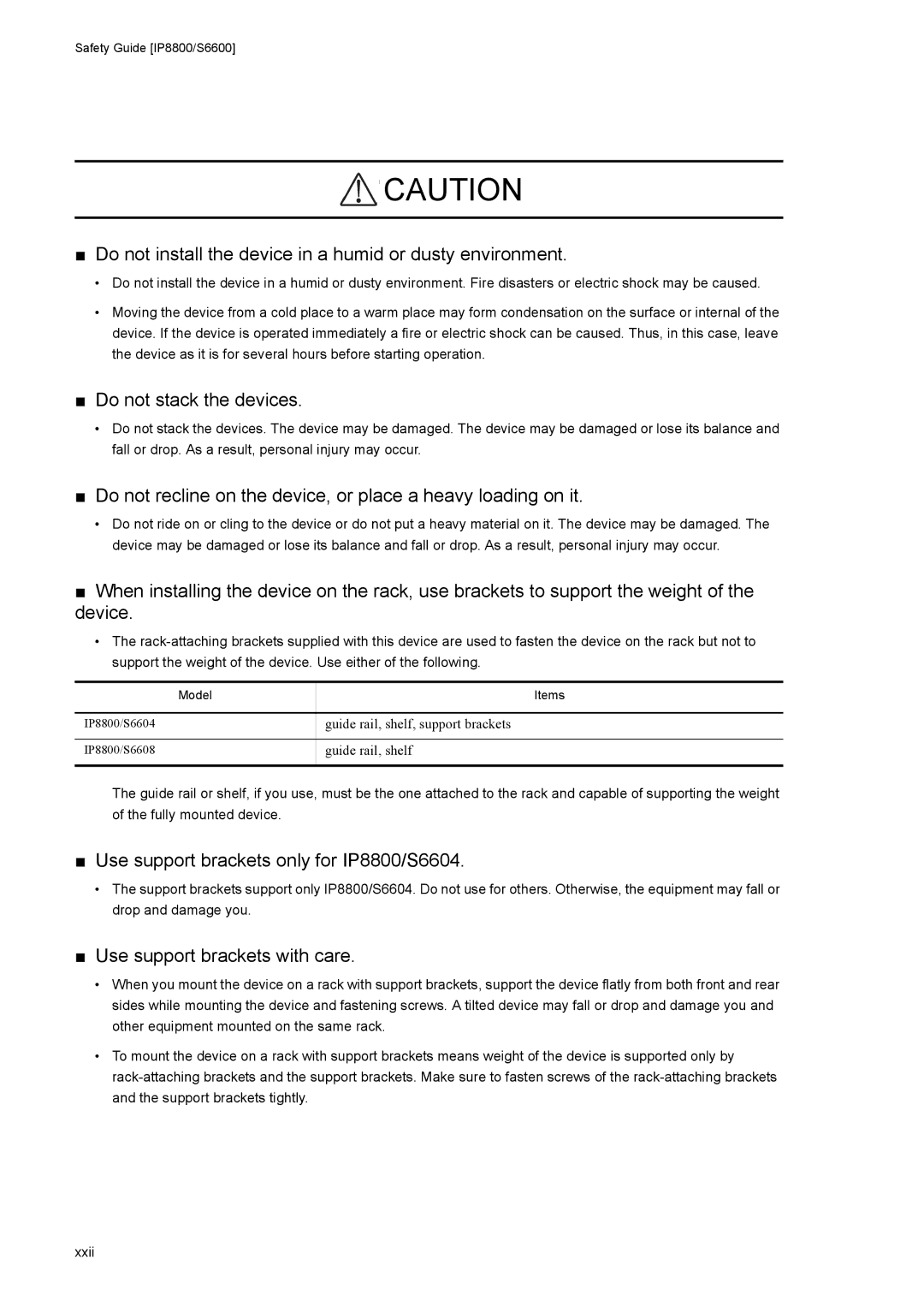 NEC IP8800/S2400, IP8800/S6600 Use support brackets only for IP8800/S6604, Use support brackets with care, Model Items 