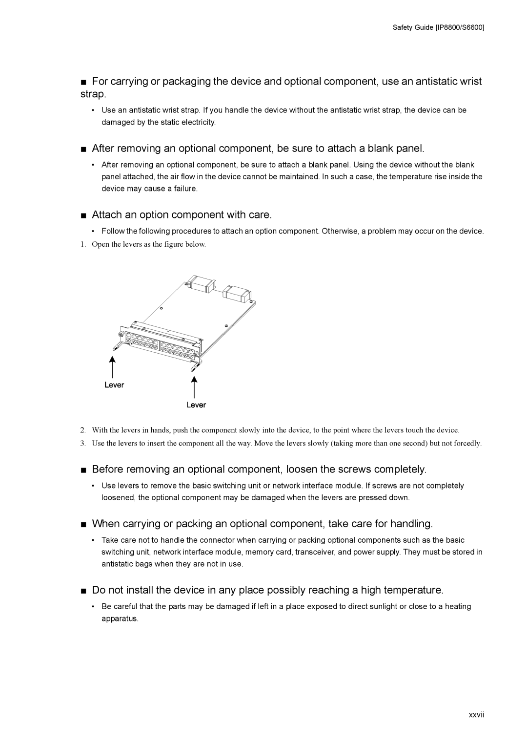 NEC IP8800/S2400, IP8800/S6600, IP8800/S3600, IP8800/S6700, IP8800/S6300 manual Attach an option component with care 