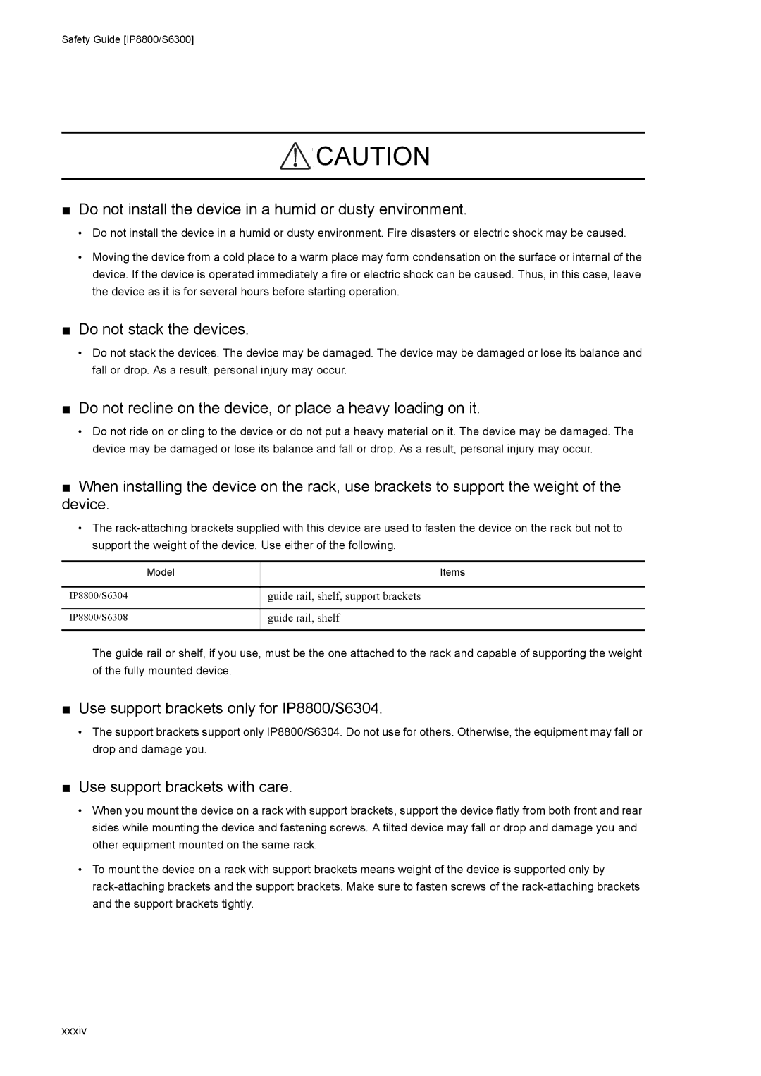 NEC IP8800/S6300, IP8800/S6600, IP8800/S3600, IP8800/S2400, IP8800/S6700 manual Use support brackets only for IP8800/S6304 