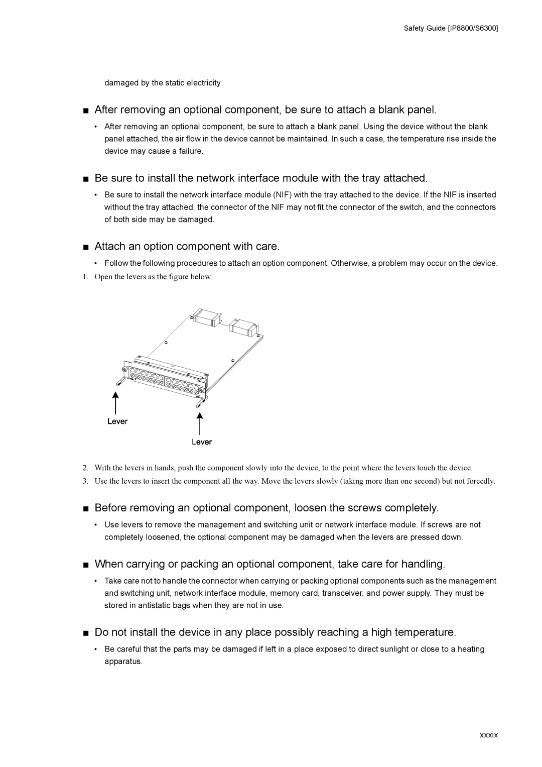 NEC IP8800/S6300, IP8800/S6600, IP8800/S3600 manual Attach an option component with care, Damaged by the static electricity 