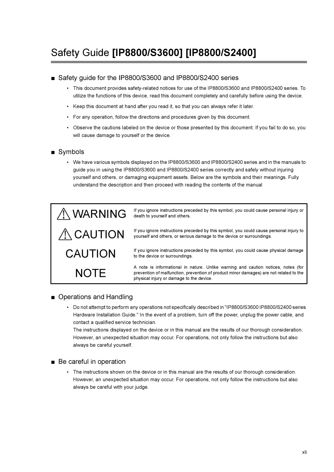 NEC IP8800/S6600, IP8800/S6700 manual Safety guide for the IP8800/S3600 and IP8800/S2400 series, Operations and Handling 