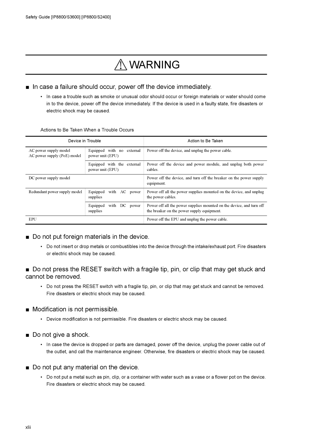 NEC IP8800/S6600, IP8800/S6700 manual Do not put foreign materials in the device, Safety Guide IP8800/S3600 IP8800/S2400 