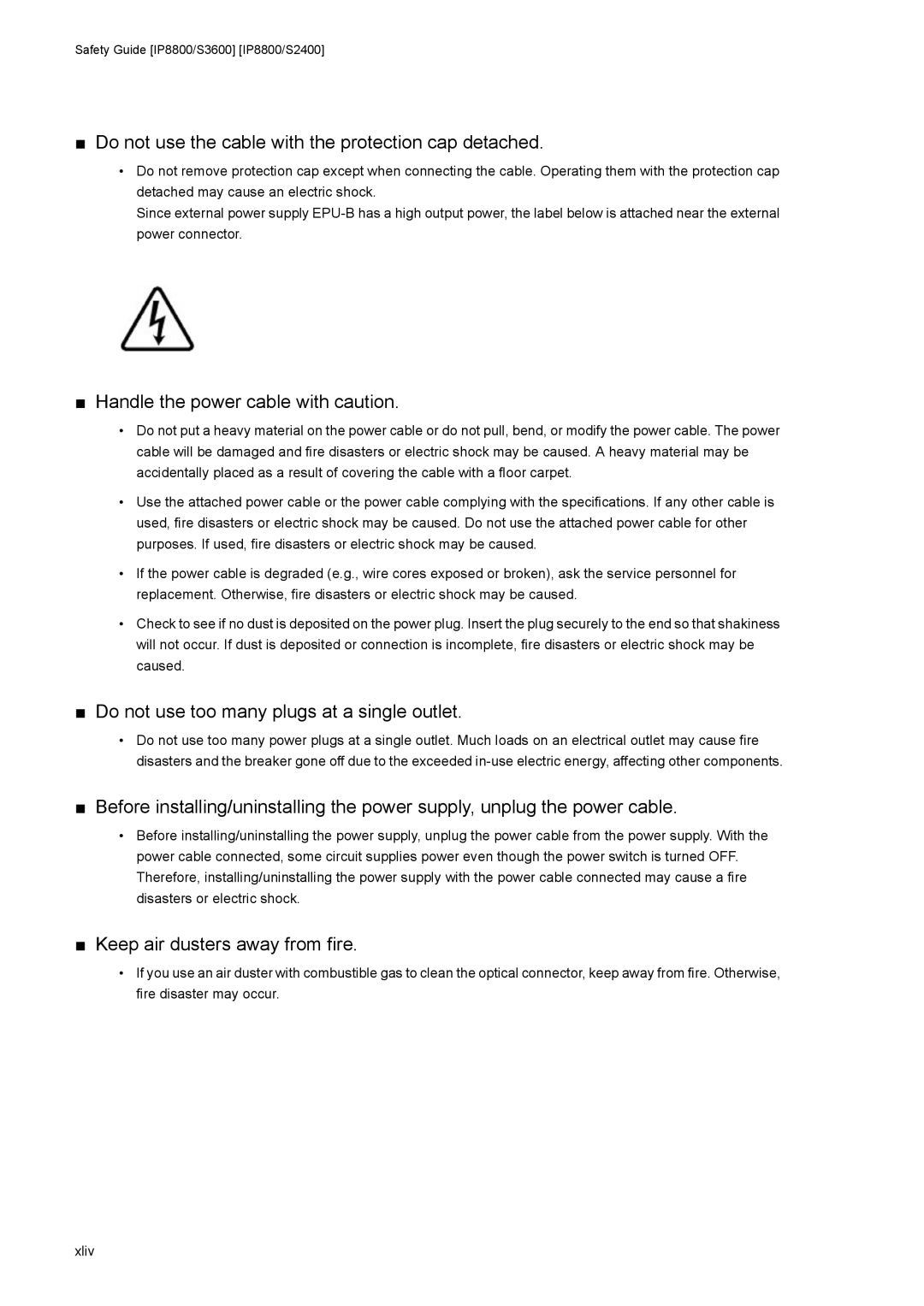 NEC IP8800/S6300 manual Do not use the cable with the protection cap detached, Do not use too many plugs at a single outlet 
