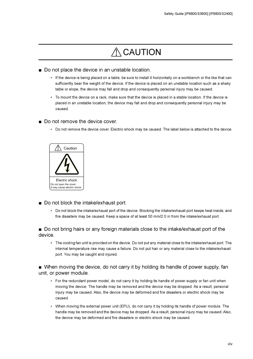 NEC IP8800/S6600, IP8800/S3600 manual Do not place the device in an unstable location, Do not block the intake/exhaust port 