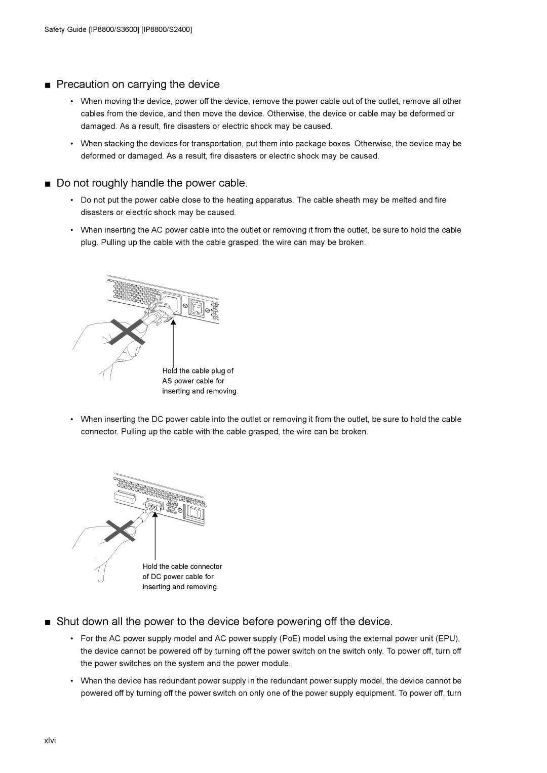 NEC IP8800/S3600, IP8800/S6600, IP8800/S2400, IP8800/S6700, IP8800/S6300 manual Precaution on carrying the device, Xlvi 