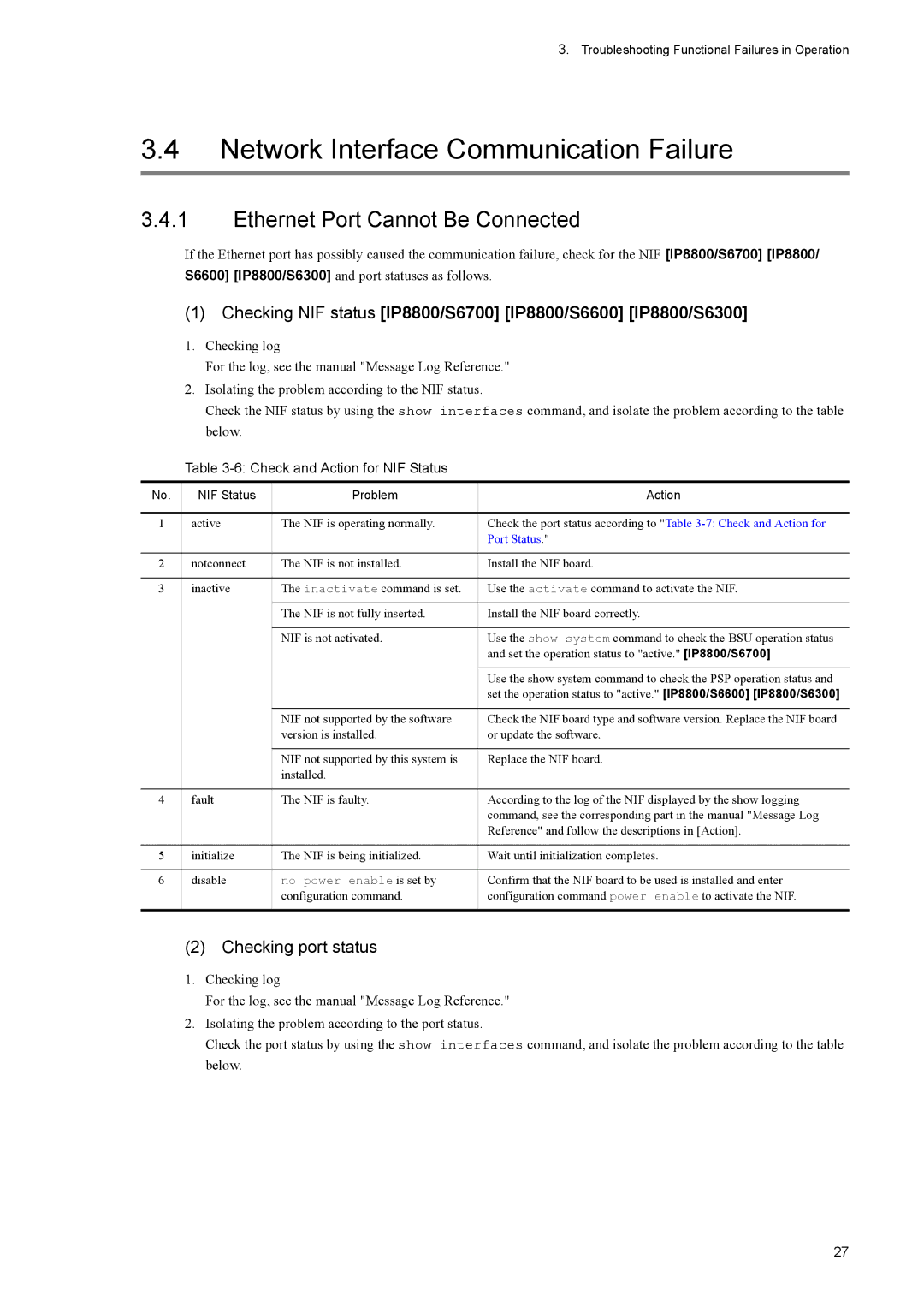 NEC IP8800/S6300 manual Network Interface Communication Failure, Ethernet Port Cannot Be Connected, Checking port status 