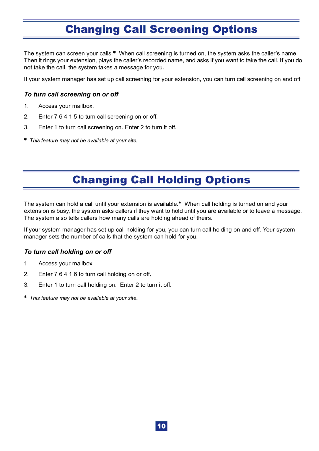 NEC IPK manual Changing Call Screening Options, Changing Call Holding Options, To turn call screening on or off 