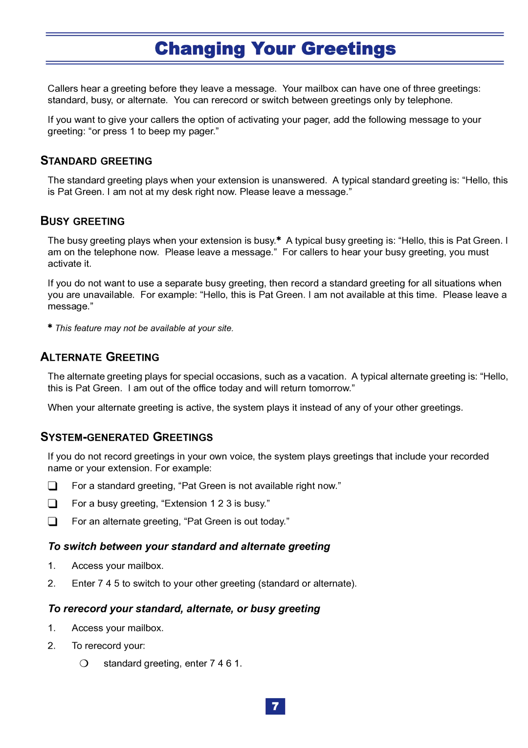 NEC IPK manual Changing Your Greetings, To switch between your standard and alternate greeting 