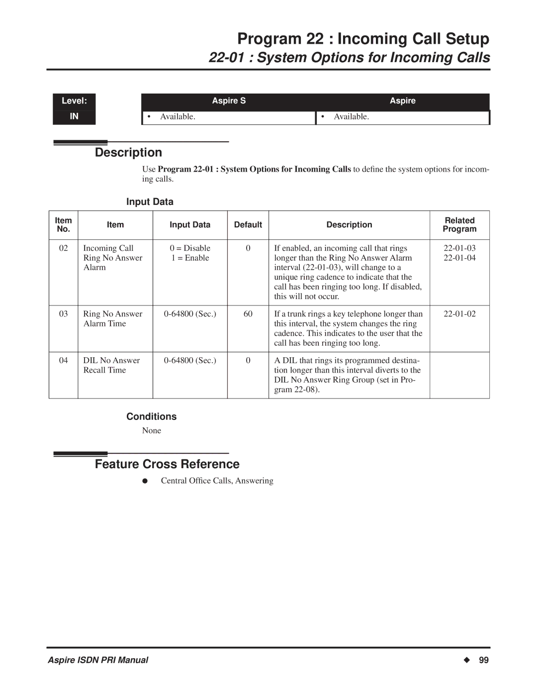 NEC ISDN-PRI Program 22 Incoming Call Setup, System Options for Incoming Calls, Input Data Default Description Related 