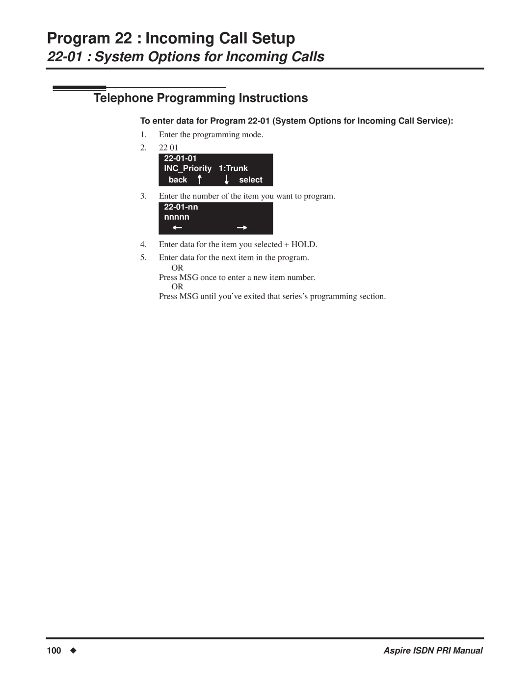 NEC ISDN-PRI manual Telephone Programming Instructions, 100 