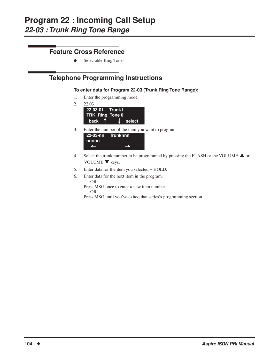 NEC ISDN-PRI manual To enter data for Program 22-03 Trunk Ring Tone Range, 104 