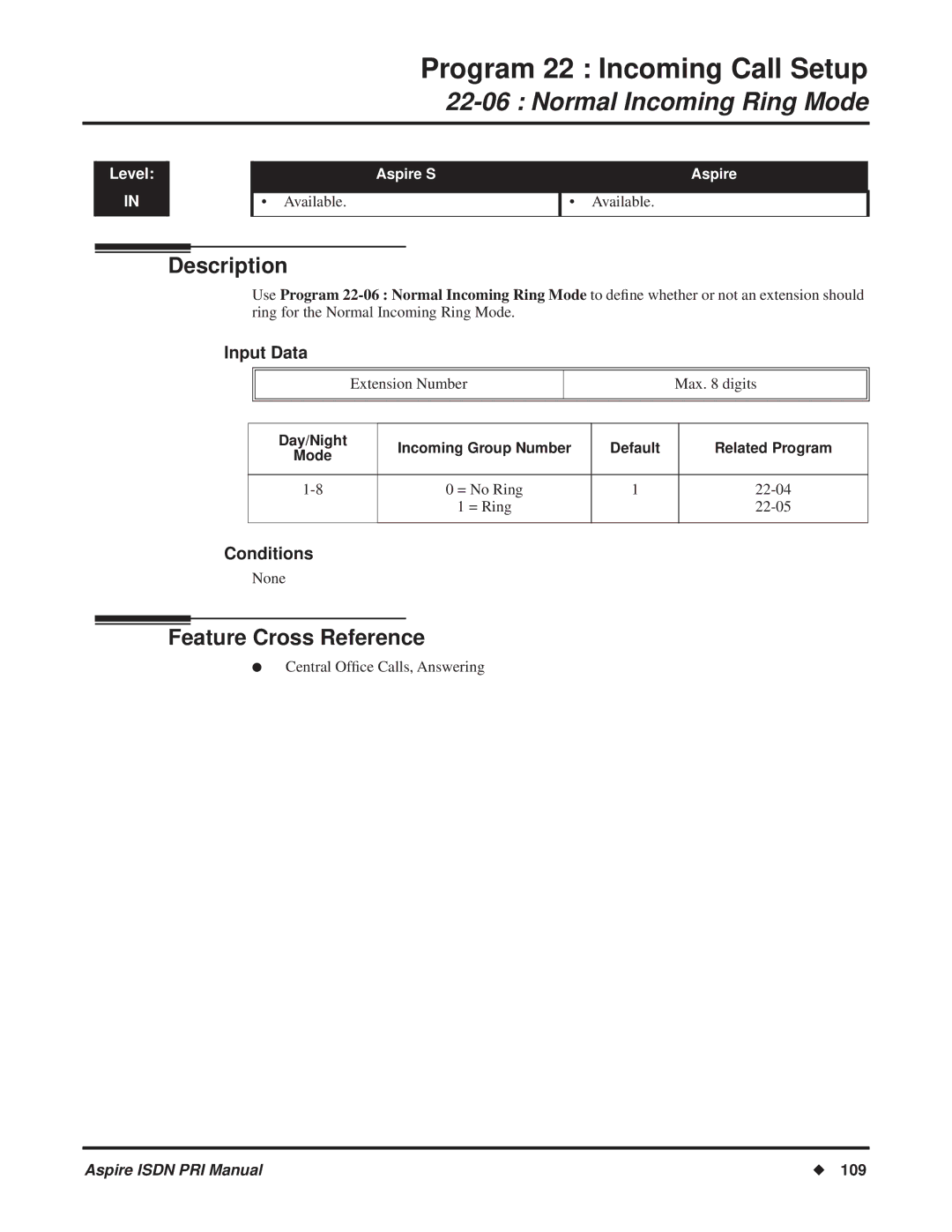 NEC ISDN-PRI manual Normal Incoming Ring Mode, Day/Night Incoming Group Number Default Related Program 