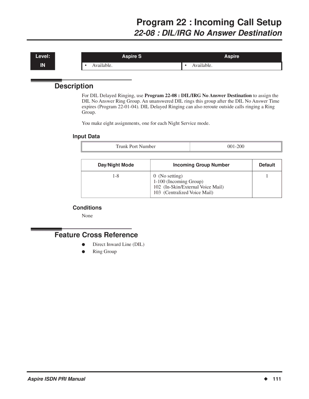 NEC ISDN-PRI manual DIL/IRG No Answer Destination, Day/Night Mode Incoming Group Number Default 