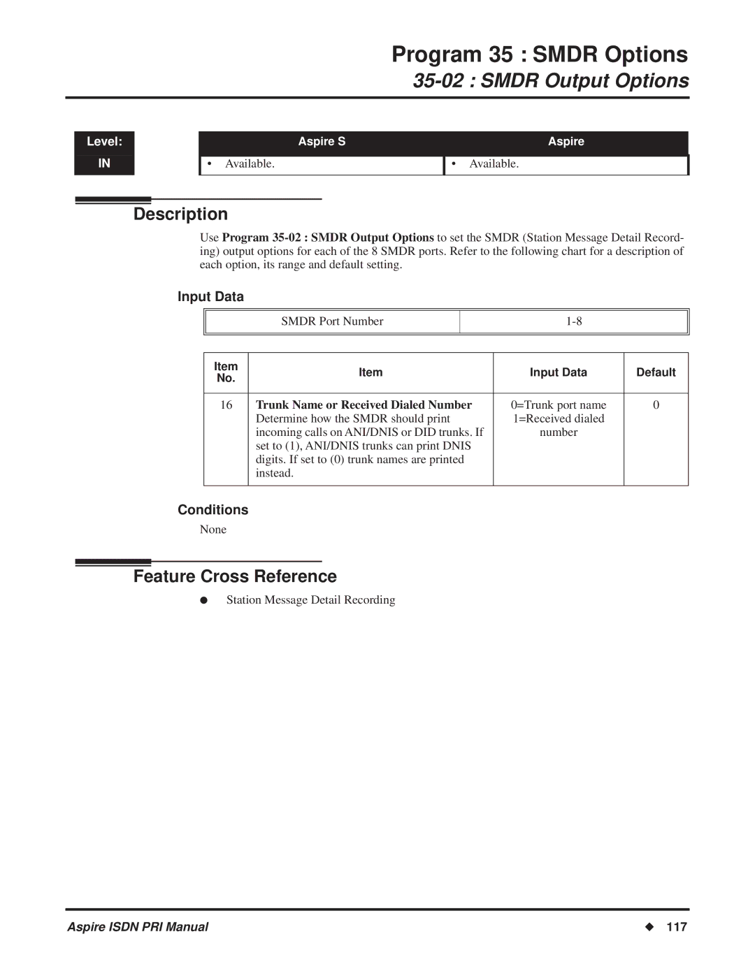 NEC ISDN-PRI manual Program 35 Smdr Options, Smdr Output Options, Trunk Name or Received Dialed Number 