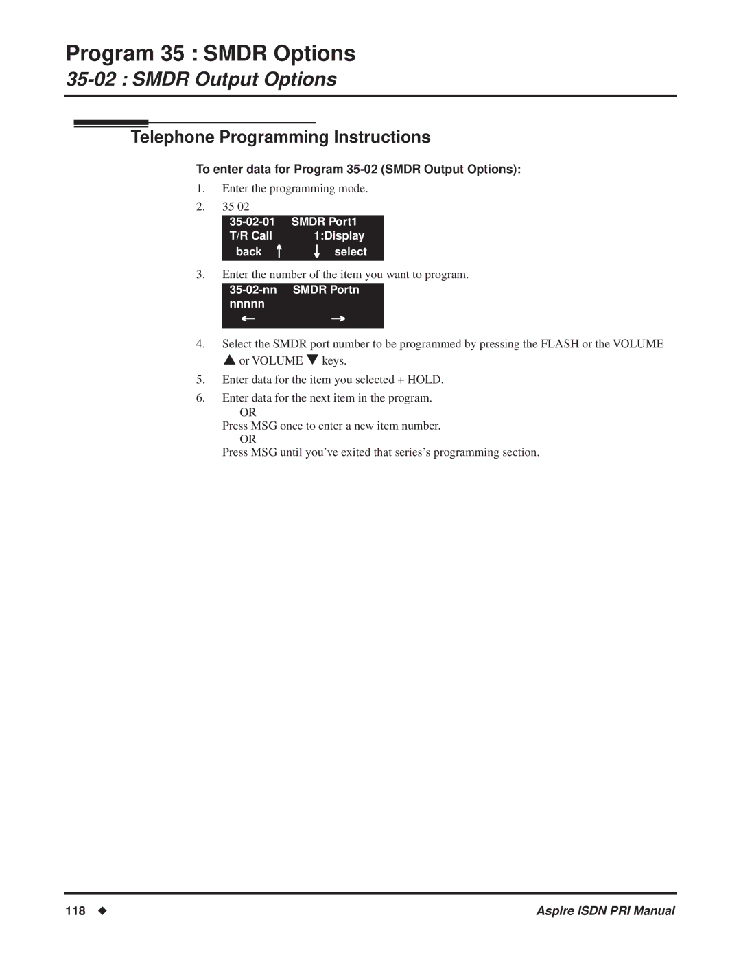 NEC ISDN-PRI manual To enter data for Program 35-02 Smdr Output Options, 118 