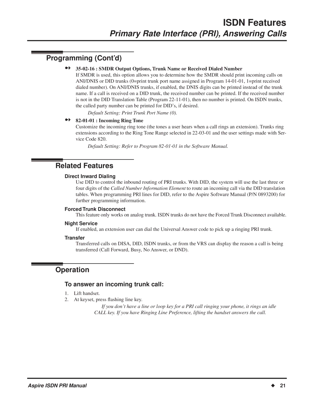 NEC ISDN-PRI manual Related Features, Operation 