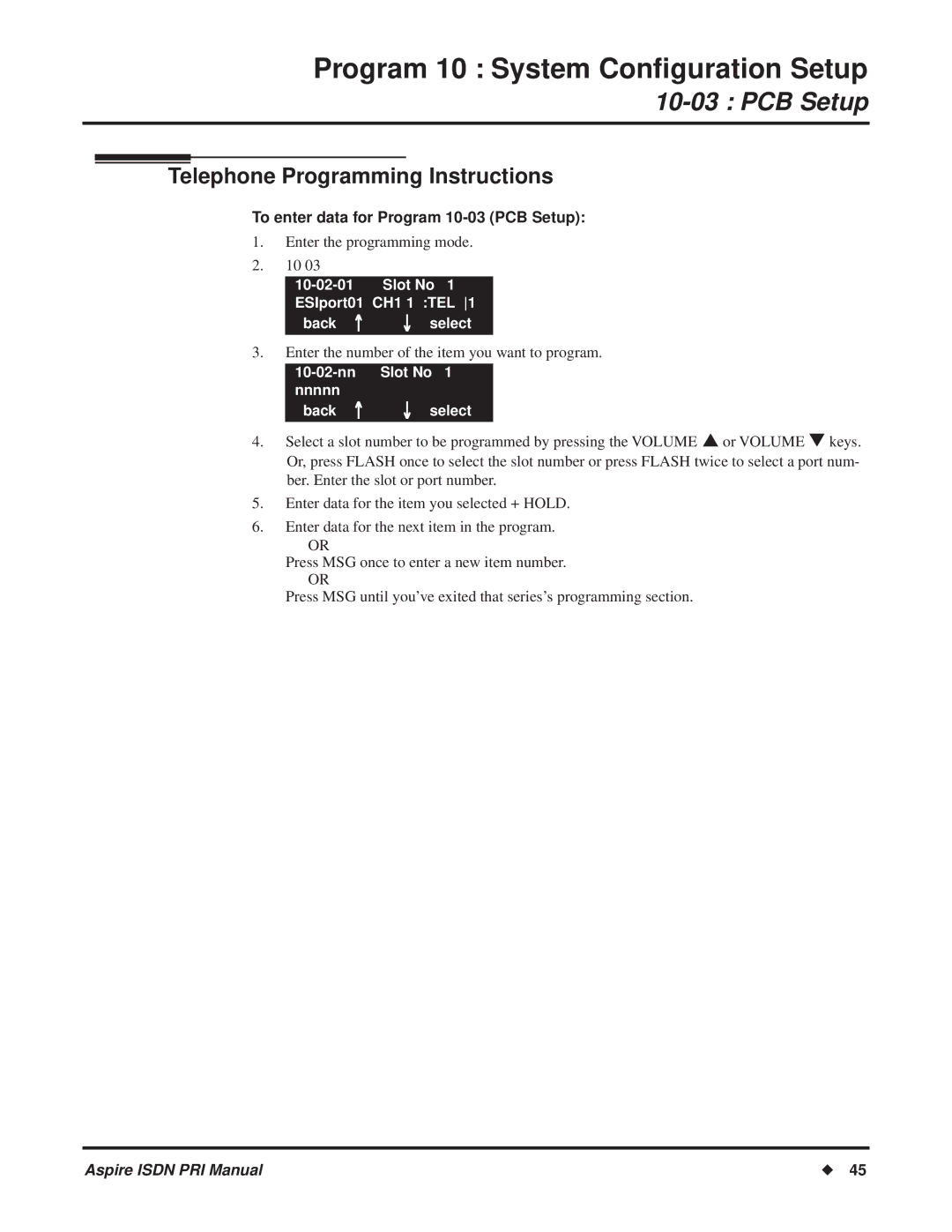 NEC ISDN-PRI manual Telephone Programming Instructions, To enter data for Program 10-03 PCB Setup 