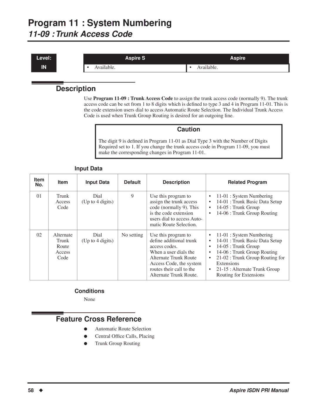 NEC ISDN-PRI manual Trunk Access Code, Input Data Default Description Related Program 