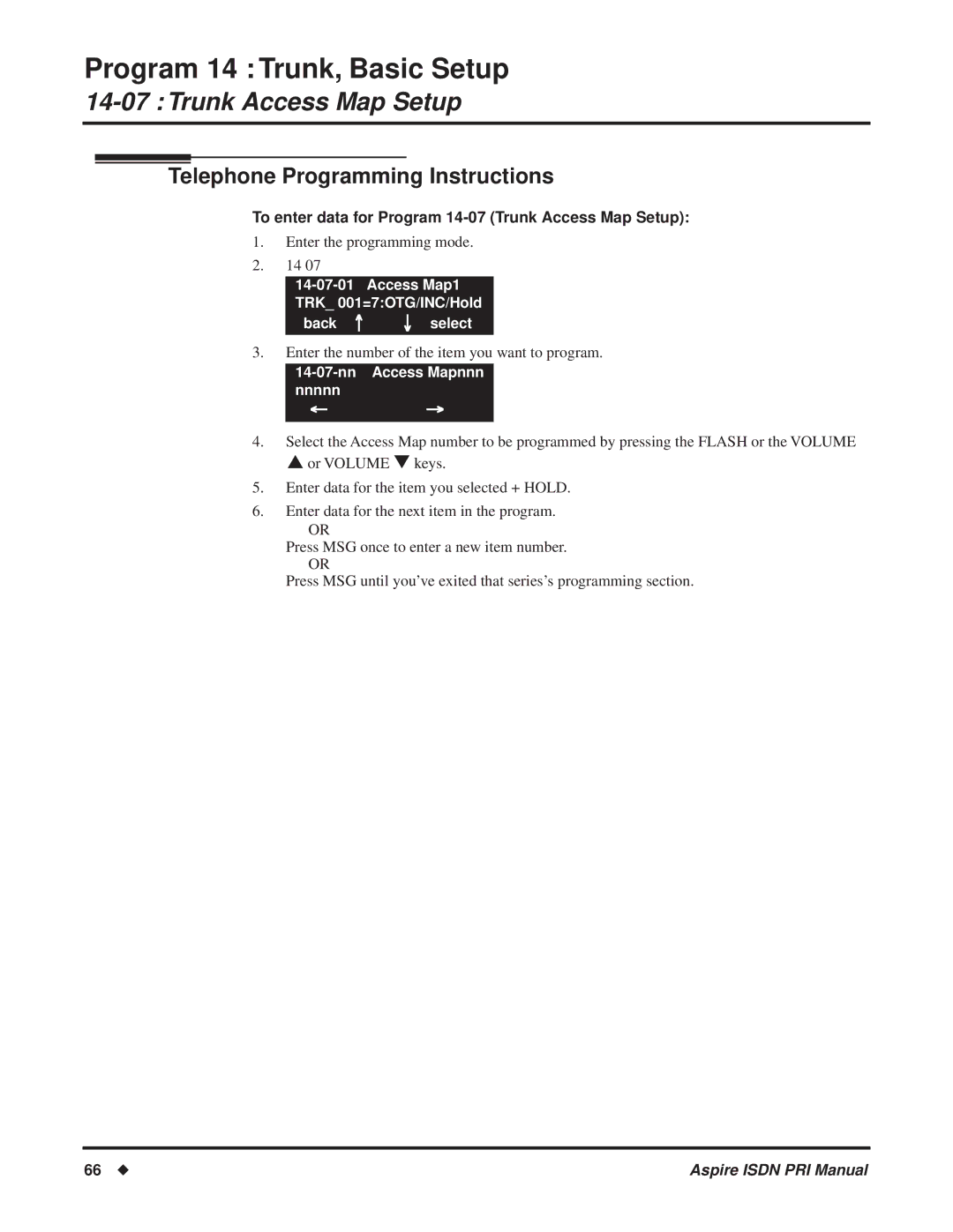 NEC ISDN-PRI manual To enter data for Program 14-07 Trunk Access Map Setup, Nn Access Mapnnn nnnnn 