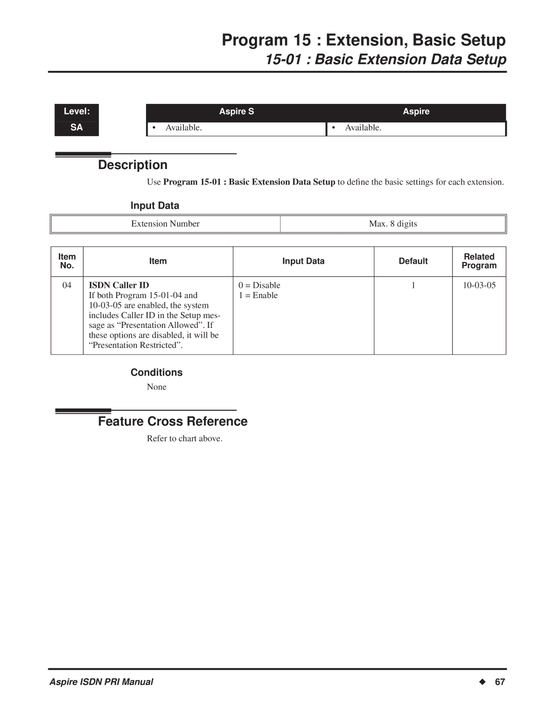 NEC ISDN-PRI Program 15 Extension, Basic Setup, Basic Extension Data Setup, Input Data Default Related, Isdn Caller ID 