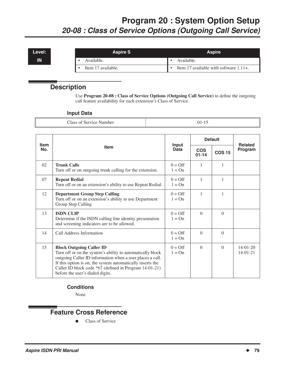 NEC ISDN-PRI manual Class of Service Options Outgoing Call Service, 01-14, Trunk Calls, Department Group Step Calling 