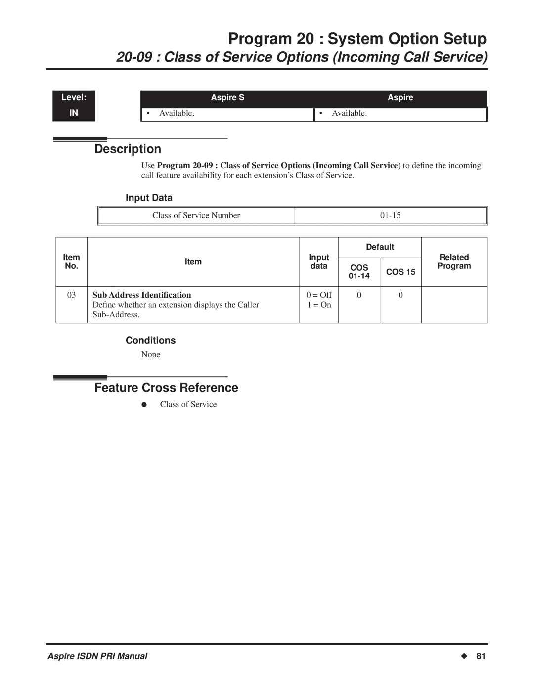 NEC ISDN-PRI manual Class of Service Options Incoming Call Service, Sub Address Identiﬁcation 