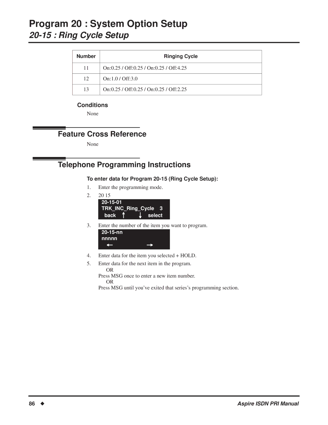 NEC ISDN-PRI manual Number, To enter data for Program 20-15 Ring Cycle Setup 