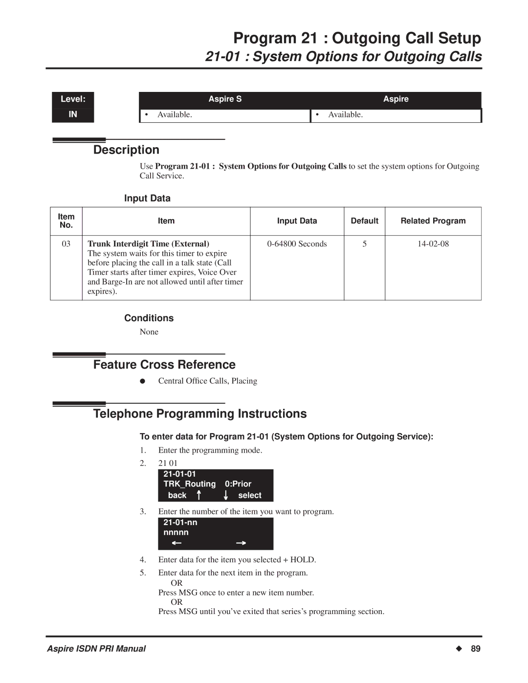 NEC ISDN-PRI manual Program 21 Outgoing Call Setup, System Options for Outgoing Calls, Trunk Interdigit Time External 