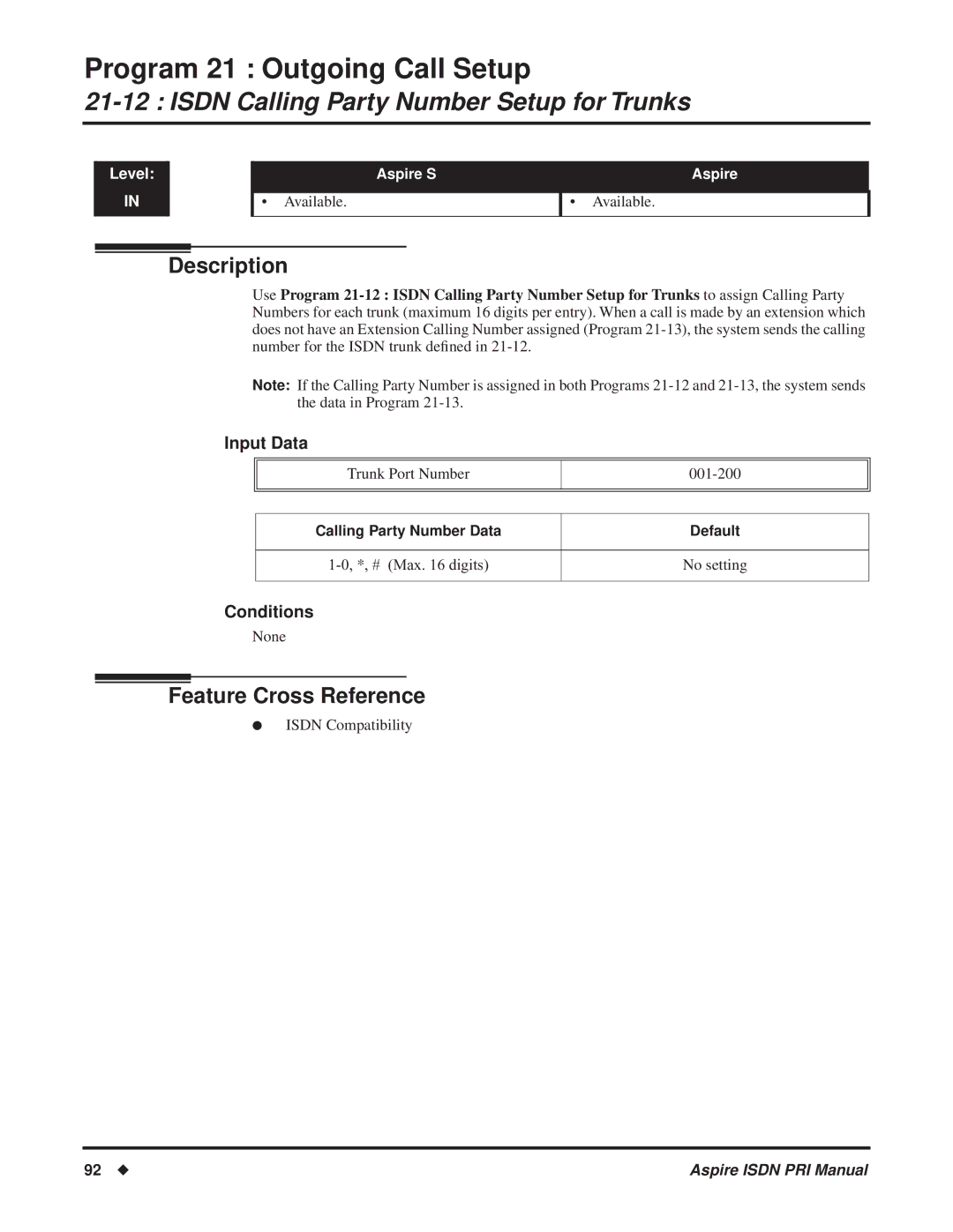 NEC ISDN-PRI manual Isdn Calling Party Number Setup for Trunks, Calling Party Number Data Default 