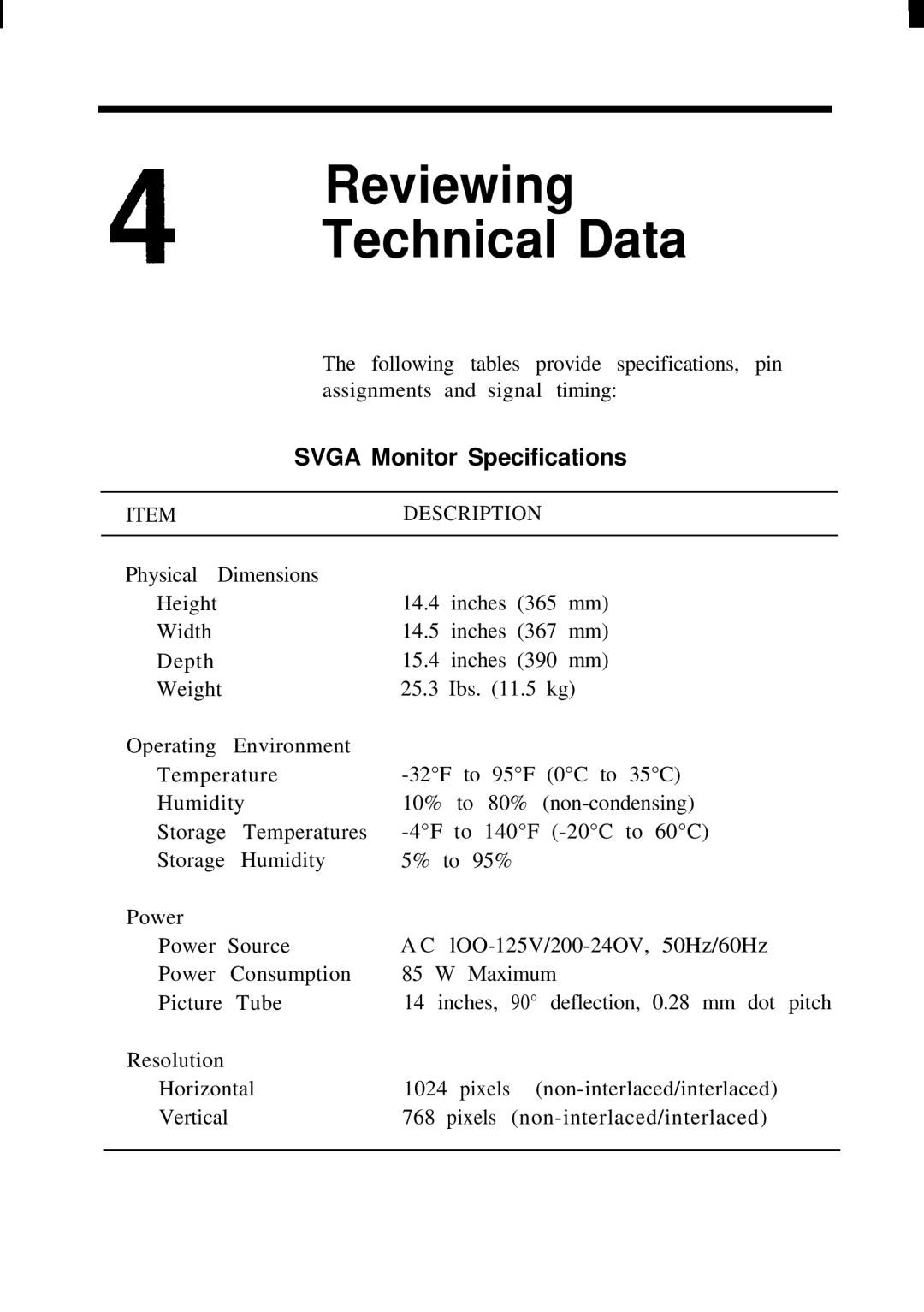 NEC JC-1431VMB user manual Reviewing Technical Data, Svga Monitor Specifications 