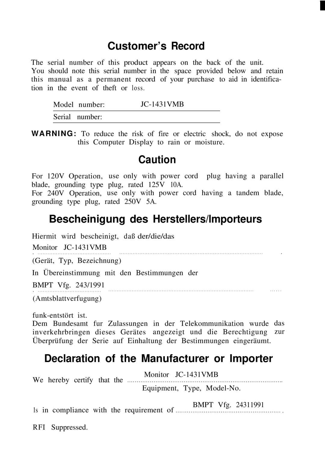 NEC JC-1431VMB user manual Customer’s Record 