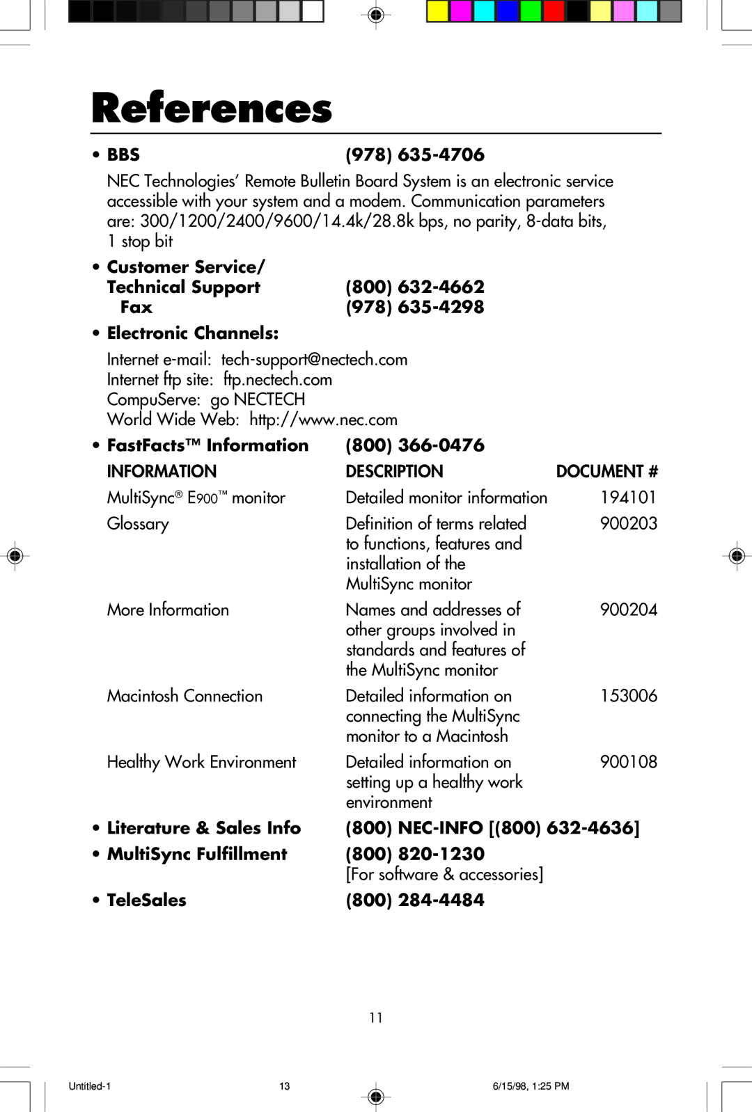 NEC JC-1941UMA References, 978, FastFacts Information 800, Literature & Sales Info NEC-INFO 800 MultiSync Fulfillment 