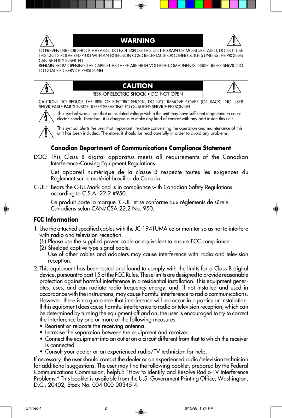 NEC JC-1941UMA user manual Canadian Department of Communications Compliance Statement, FCC Information 