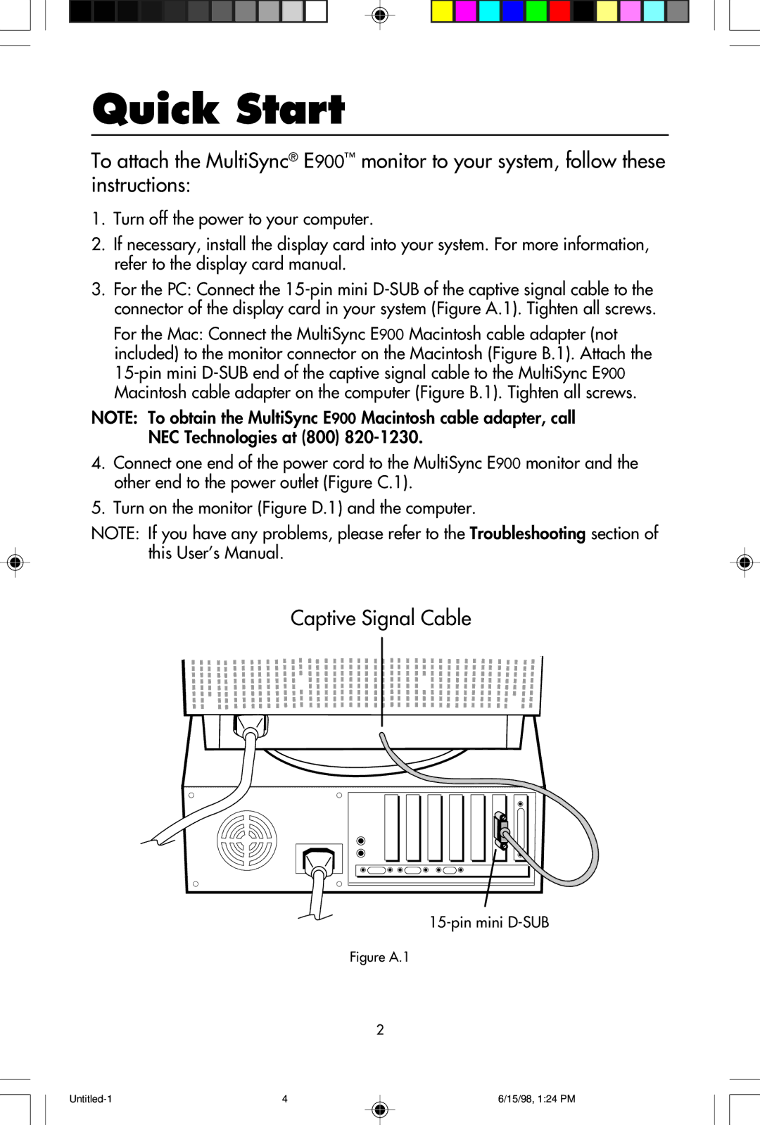 NEC JC-1941UMA user manual Quick Start, Captive Signal Cable 